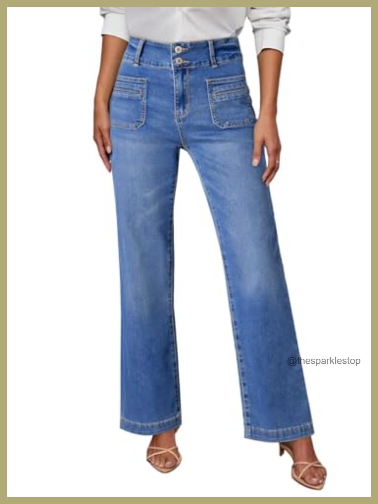 High Waisted Tummy Control Wide Leg Jeans With Stretchy Fabric